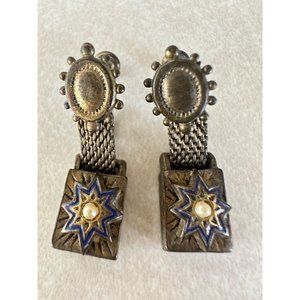 Antique Victorian Etruscan Revival brass enamel seed pearls screw back earrings